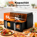 Doppelkorb-Heißluftfritteuse 5+5L, intelligenter Touchscreen, Sichtfenster und einstellbare Bedienelemente, 2200W