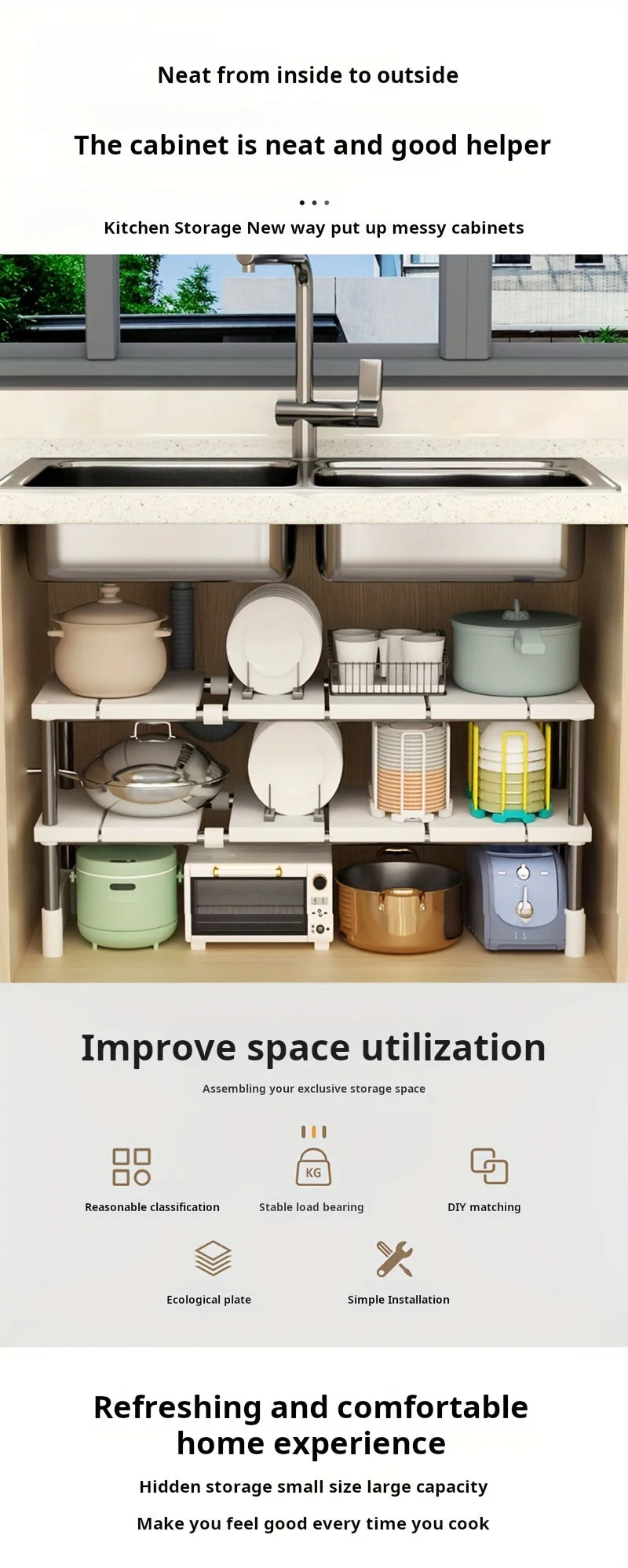 Scaffale portaoggetti regolabile sotto il lavandino, organizer espandibile per armadio da cucina e bagno, portavasi multistrato salvaspazio durevole
