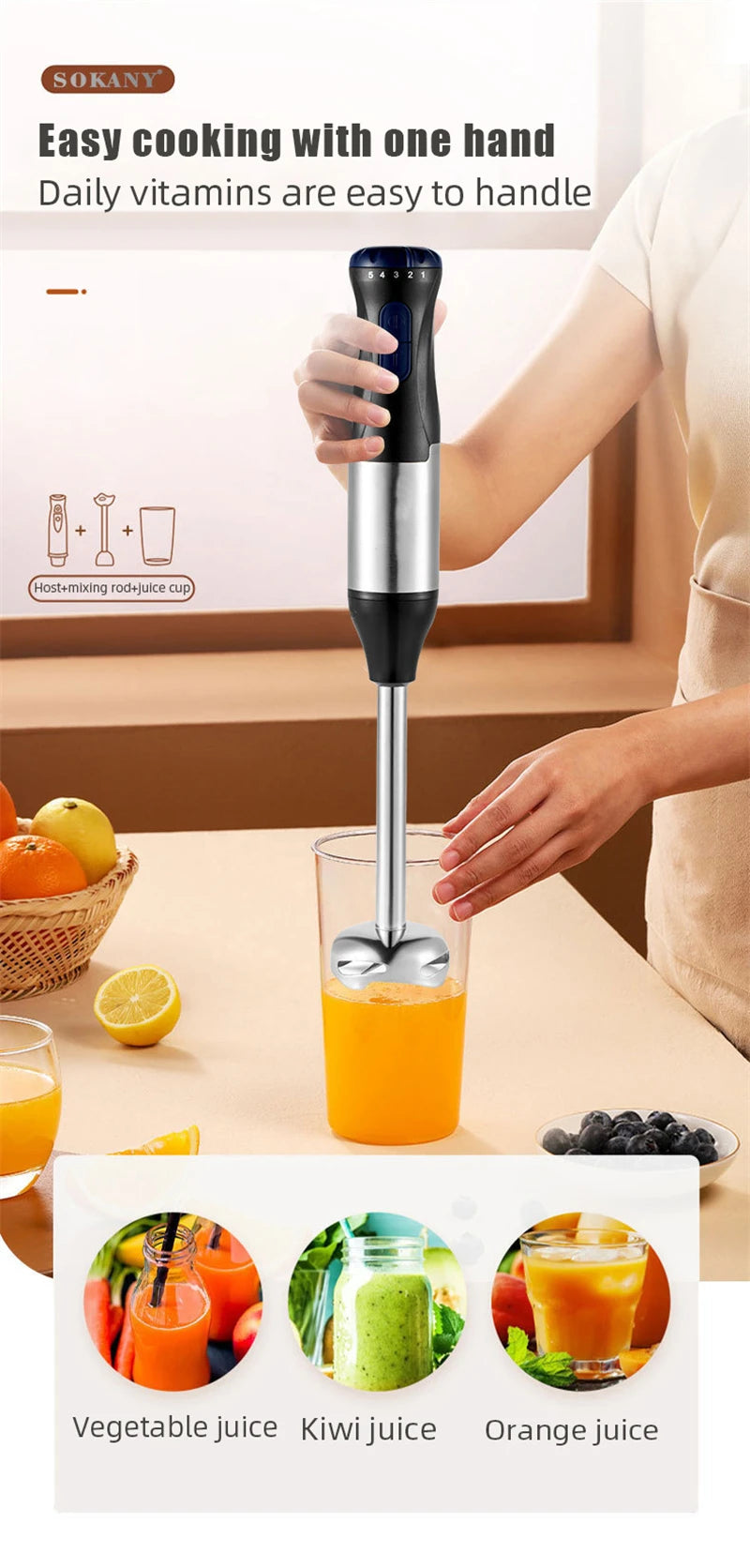 Edelstahl 4-in-1 Stabmixer Set, Handmixer, Gemüseschneider und Fleischwolf, Smoothie Maker