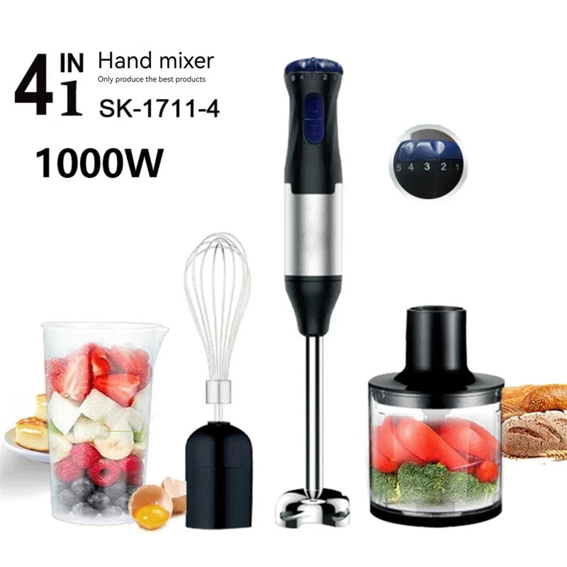 Edelstahl 4-in-1 Stabmixer Set, Handmixer, Gemüseschneider und Fleischwolf, Smoothie Maker