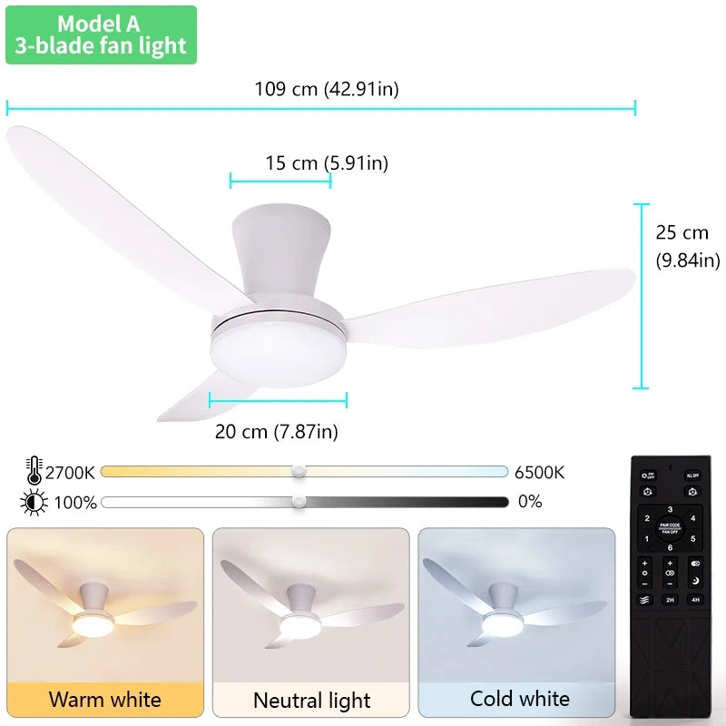 Ventilatore da Soffitto con Luce 42.91 Pollici, Motore DC Silenzioso a Risparmio Energetico, 3 Colori Variabili, 6 Velocità Regolabili, per Camera da Letto e Soggiorno