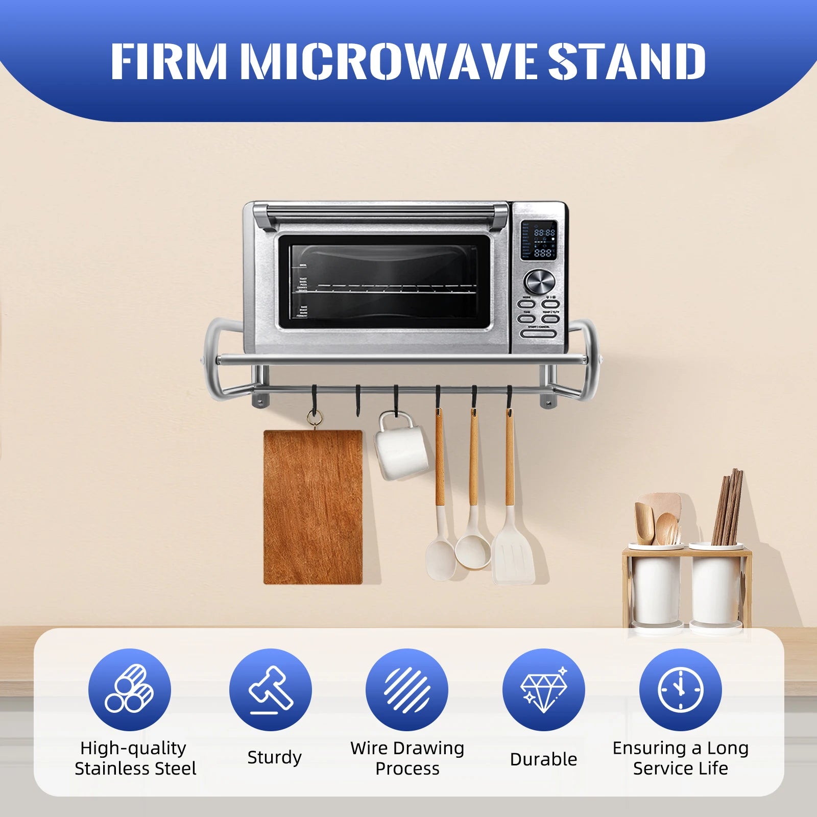 Scaffale per forno a microonde a 2 livelli, scaffale espandibile, strumento di stoccaggio da cucina con 6 ganci flessibili per balcone cucina