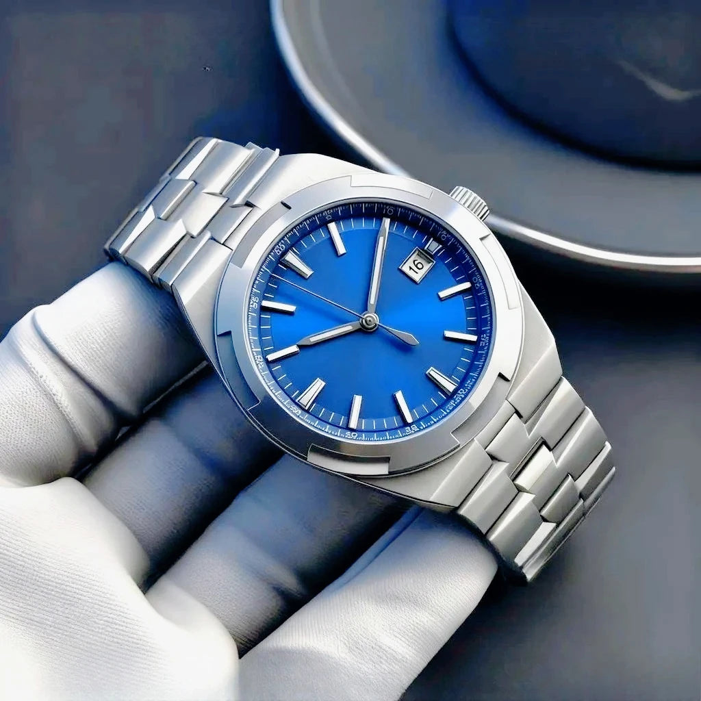 Moderne und elegante Herren-Sportuhren mit automatischem mechanischem Uhrwerk, präzisem und zuverlässigem Uhrwerk, internationalem Reise-Stil, schwarzem und blauem Zifferblatt