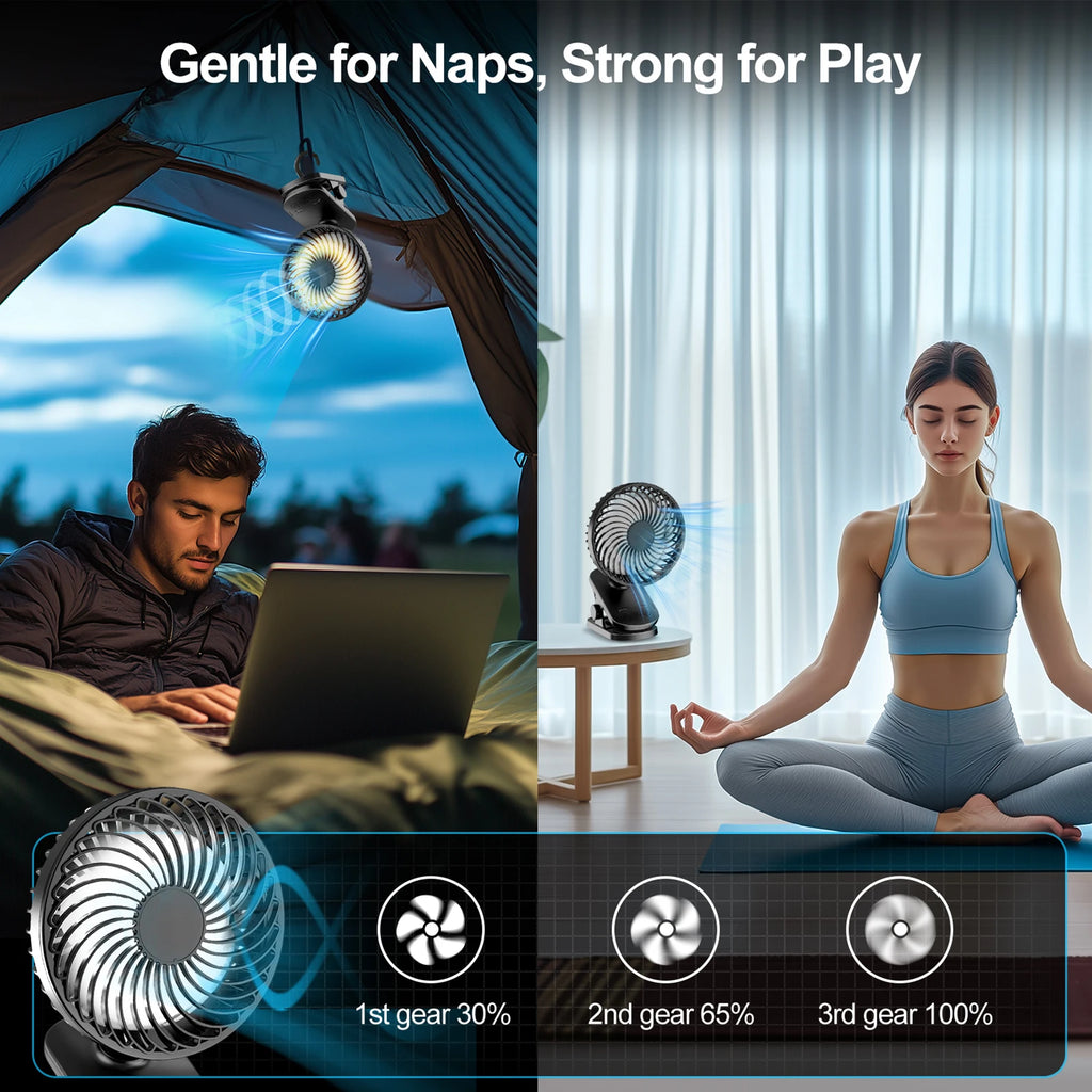 Mini Ventilatore Portatile a Clip, Ventilatore da Tavolo, 4 Velocità Silenziose con Rotazione a 360° °   Lampada da Campeggio con Oscillazione Automatica della Testa, Alimentazione ad Aria, Batteria da 4000mAh