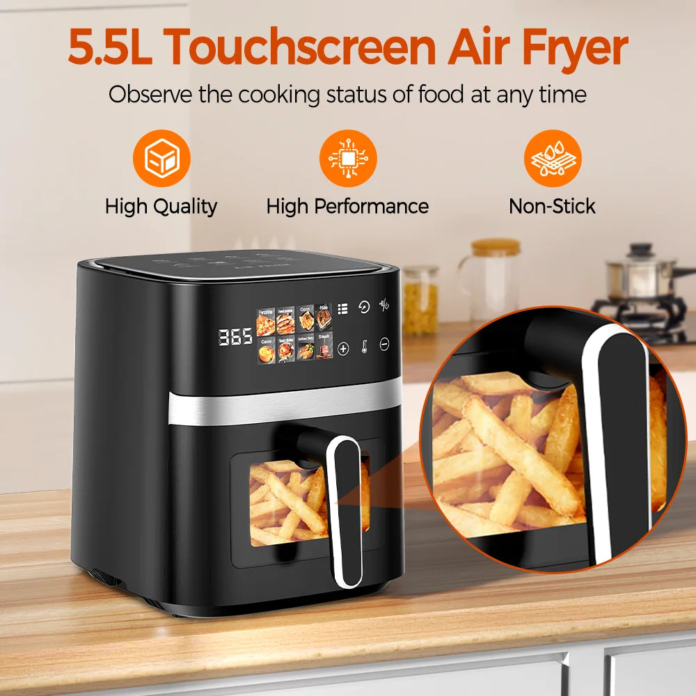 Patbrela Friggitrice ad Aria 5,5L 8-in-1 Forno Elettrico con Schermo LED Digitale e Finestra Visibile, 1350W, Nero