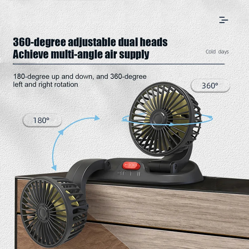 Ventola di Raffreddamento Elettrica per Auto 5V 12V 360° °   Ventilatore USB Multifunzione a Doppia Testa Regolabile, 2 Velocità, per Auto, Casa e Campeggio