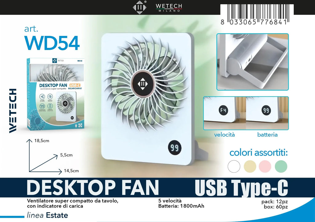 WETECH Geräuscharmer USB-Schreibtischventilator, tragbar, wiederaufladbar, 3 Geschwindigkeiten, kleiner persönlicher Ventilator für Outdoor, Camping und Büro