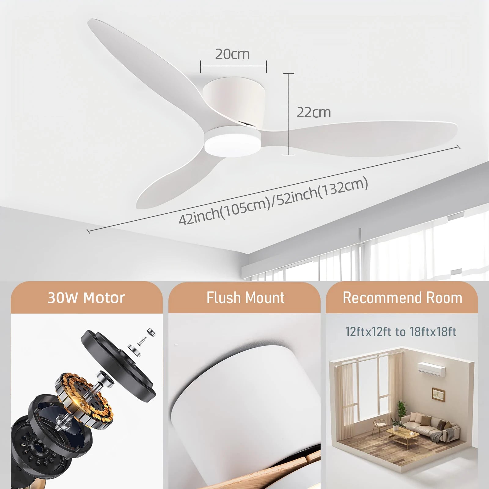 Ventilatore da Soffitto IRALAN con Luce, Motore DC Silenzioso a Risparmio Energetico, 3 Colori Variabili, 6 Velocità Regolabili, per Camera da Letto e Soggiorno