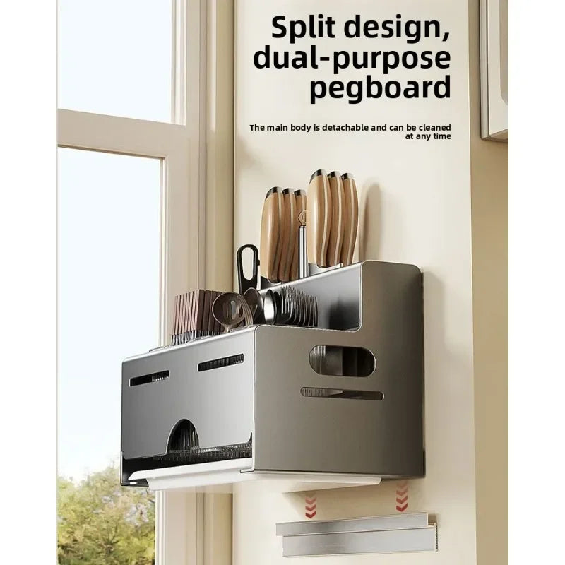 Porta Utensili da Cucina Multifunzionale con Porta Bacchette Integrato, Organizzatore da Parete Senza Foratura per Coltelli e Utensili