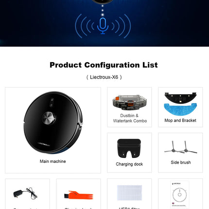 (codice promozionale: AEGG66) Aspirapolvere Robot Ibrido Liectroux X6, navigazione laser Lidar, 6500 pa, mappa multi-piano, pulizia a umido a forma di Y, zona vietata APP, area selettiva, riprendi punto di interruzione