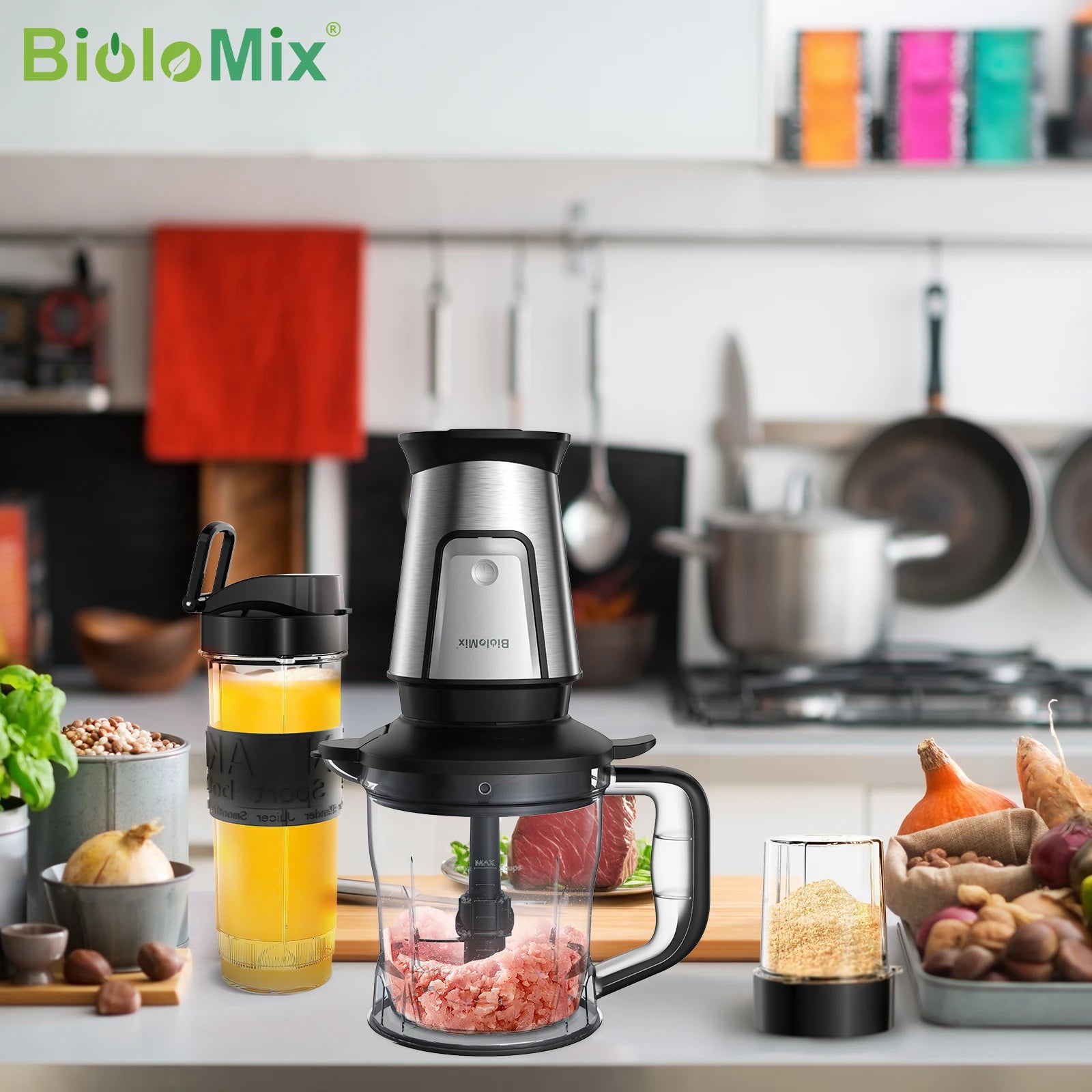 BioloMix 700W 3-in-1 Multifunktionaler tragbarer Küchenroboter Entsafter Mixer Smoothie Mixer Lebensmittelhacker Trockenmühle für die Küche