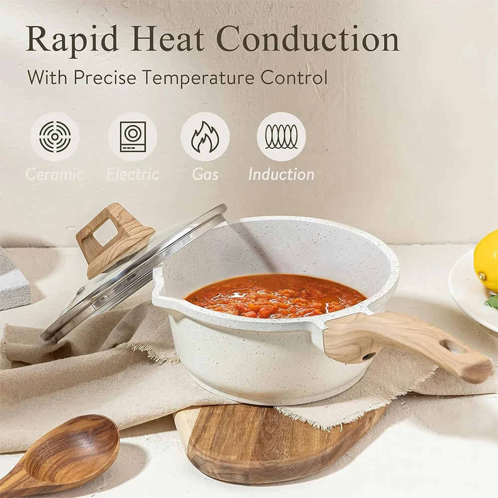 DONNOR 2.5Qt Pentola per Salsa con Coperchio Pentola in Granito Antiaderente per Tutti i Stufa Salsa Pentola per Zuppa Padella per Latte con Beccucci per Versare JT281