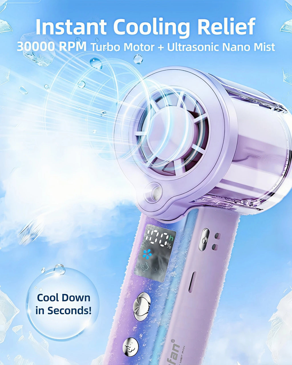 Ventilatore portatile a spruzzo 4 in 1, ventilatore ricaricabile a batteria USB ultra-grande, regolabile a 100 corse, mini ventilatore, ventilatore personale pieghevole, schermo LED, per trucco / concerti (lila)