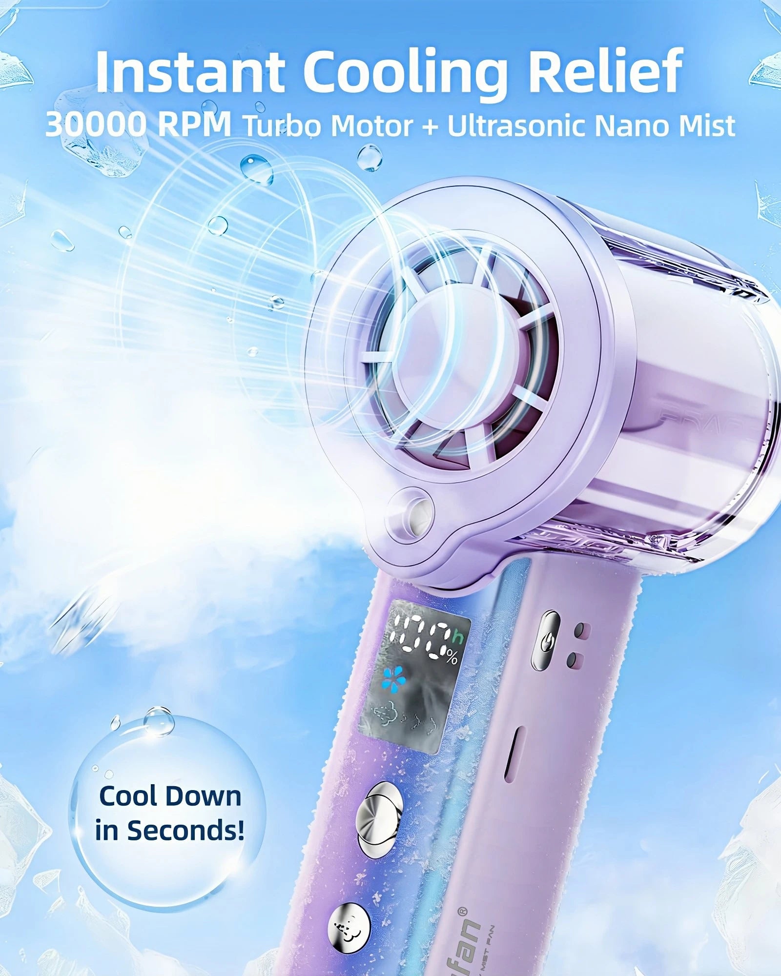 Ventilatore portatile a spruzzo 4 in 1, ventilatore ricaricabile a batteria USB ultra-grande, regolabile a 100 corse, mini ventilatore, ventilatore personale pieghevole, schermo LED, per trucco / concerti (lila)