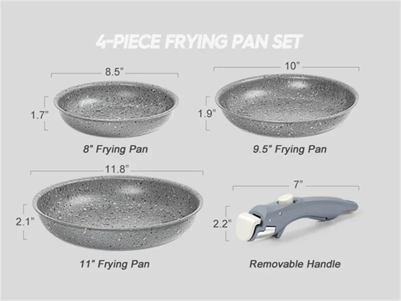 MICHELANGELO Set di padelle antiaderenti con manico rimovibile Pentola in alluminio con rivestimento in granito Padella per uova Set di pentole