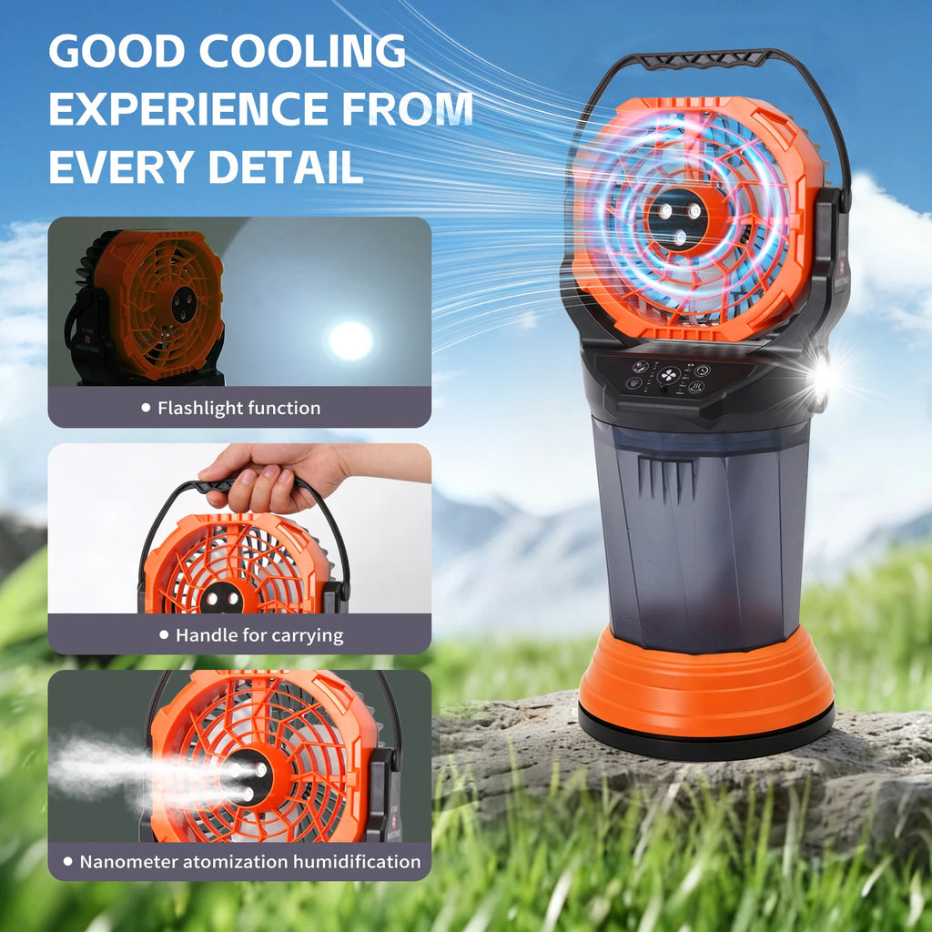 Ventilatore Nebulizzatore da Campeggio per Esterni con Lanterna, Spray Nano ABS+PP, 15000mAh, 2000ml, Torcia LED RGB Brushless, 4 Velocità, Verde/Arancione/Nero