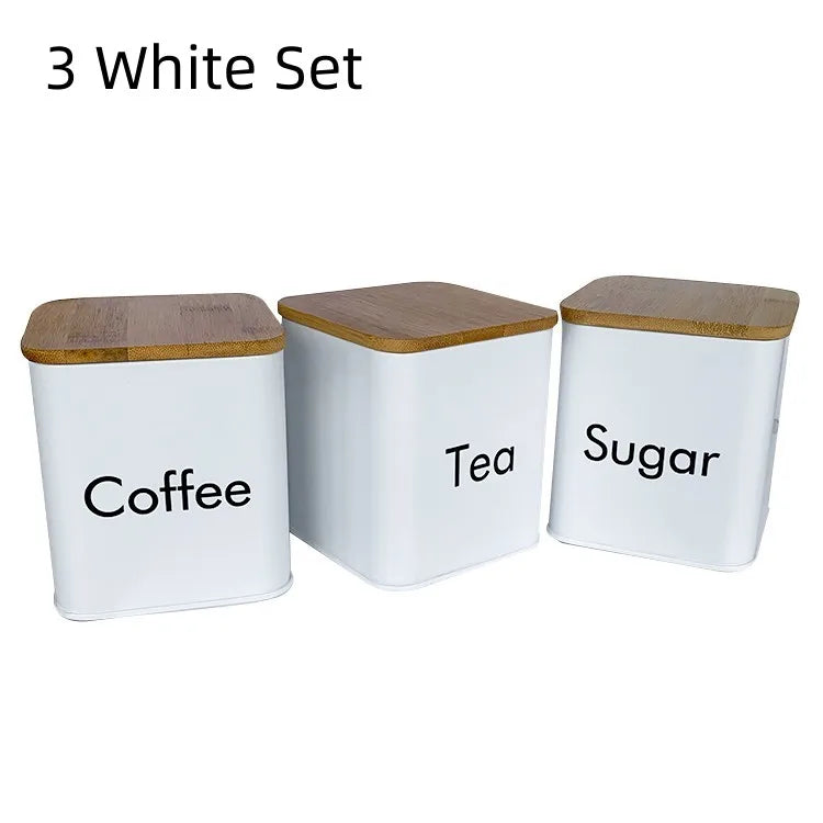 Set di Contenitori Ermetici in Metallo per Caffè, Tè e Zucchero con Coperchi in Bambù, 3 Barattoli per Piano di Lavoro