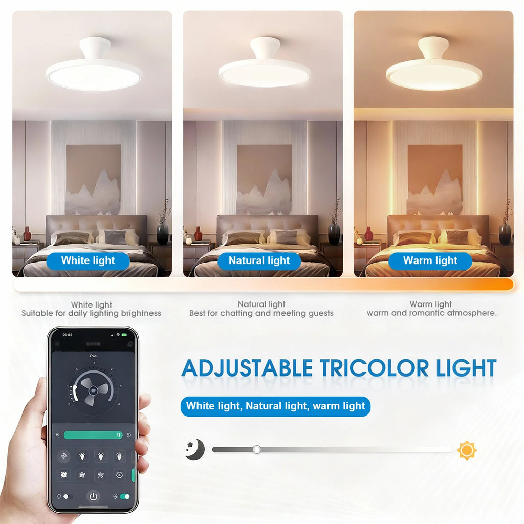 Ventilatore da Soffitto Semplice con Luce, Moderno Ventilatore Elettrico Intelligente con Pale Retrattili, Telecomando e Lampada Dimmerabile