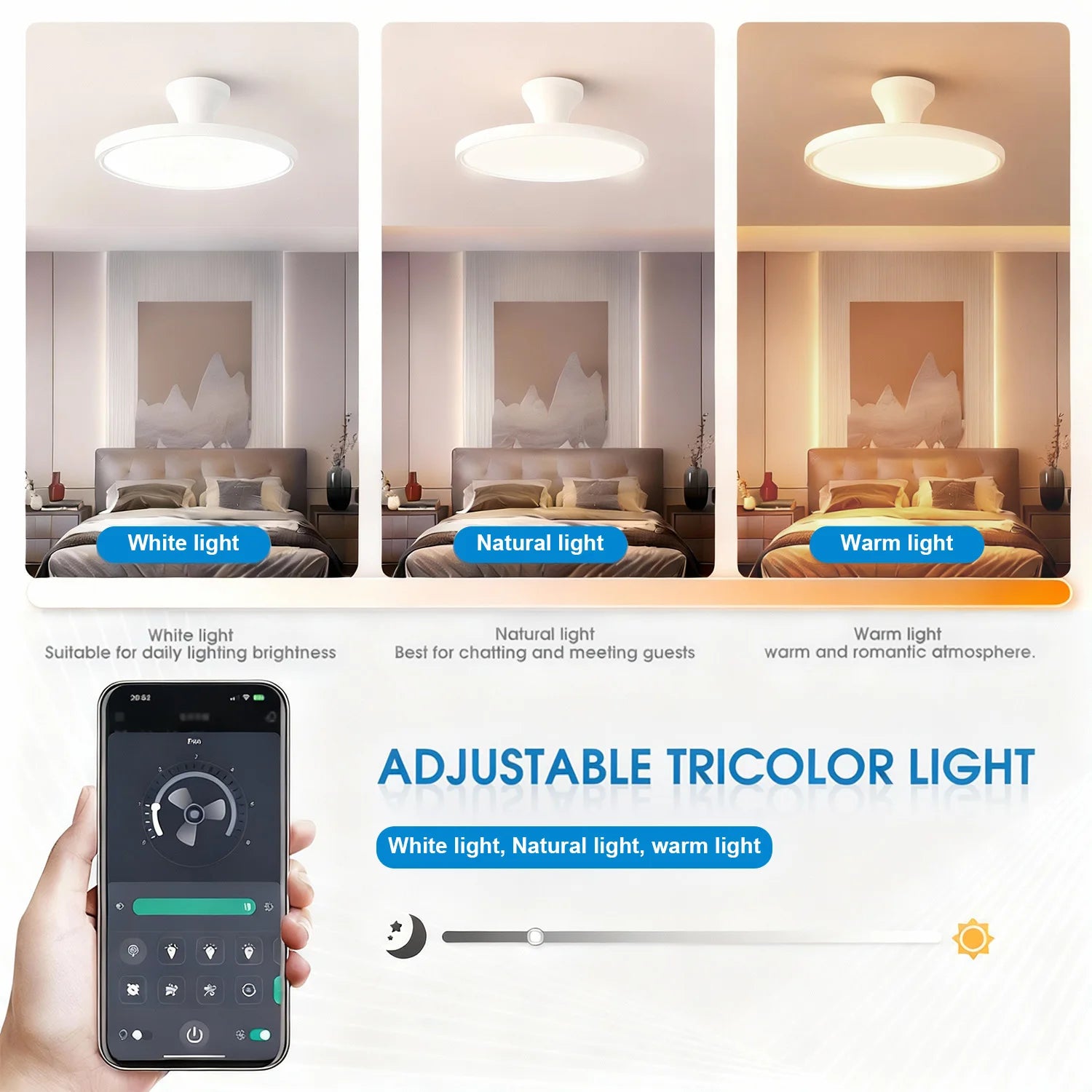 Ventilatore da Soffitto Semplice con Luce, Moderno Ventilatore Elettrico Intelligente con Pale Retrattili, Telecomando e Lampada Dimmerabile