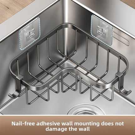 Carbon Steel Kitchen Sink Drain, Wall-Mounted Corner Rag Storage Rack, No Drilling, Waterproof Space Saver