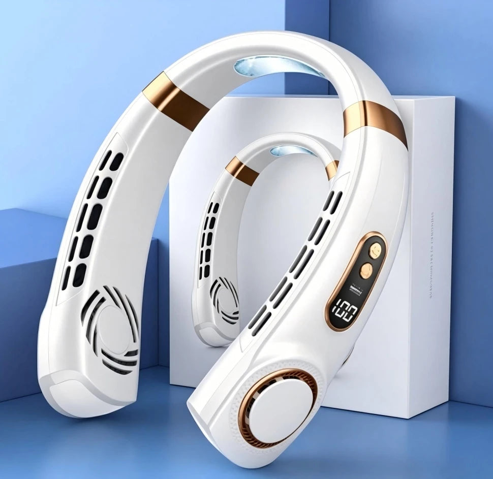 Ventilatore da collo portatile senza pale, mini raffrescatore d'aria silenzioso ricaricabile tramite USB con display digitale a LED, 5 velocità regolabili, 360° °   Raffreddamento a 360°, luci RGB colorate, ventilatore po