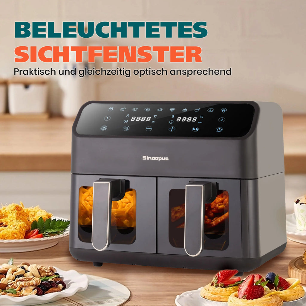 Sinaopus Friggitrice ad aria calda 2000W 9L XXL con doppio scomparto, timer, touchscreen LED, forno elettrico senza olio, formato famiglia