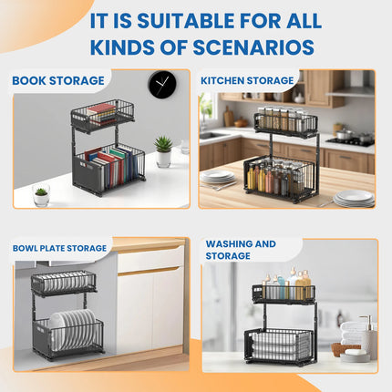 2-Tier Pull-Out Organizer with Sliding Basket, Adjustable Height, Under-Sink Shelf for Kitchen, Spice Rack