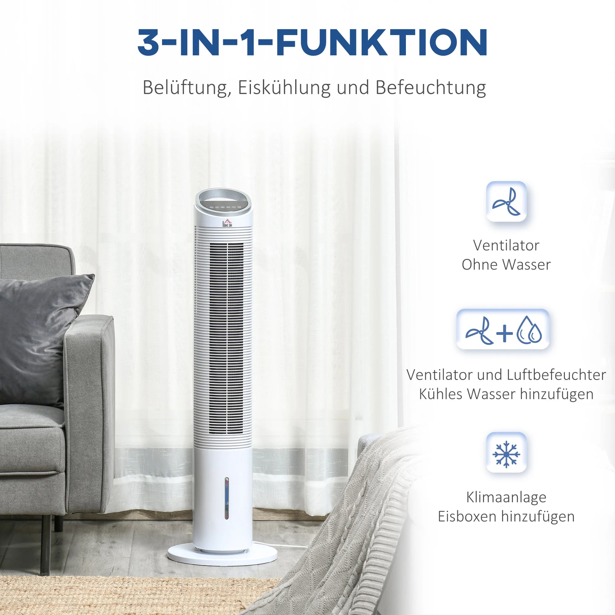 Ventilatore a torre da 60W raffreddato ad acqua con telecomando, funzione umidificante, timer di 8 ore, adatto per ambienti inferiori a 20 m². ㎡ Diametro 30 cm, altezza 100,8 cm.
