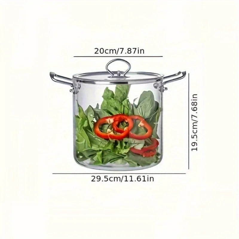 5,5 Liter Glas Topf mit Deckel, Glas Herd, Großvolumiger Suppentopf, Borosilikatglas Auflaufform mit Zweiohr-Suppentopf, Edelstahl