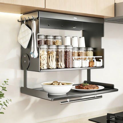 Stainless Steel Retractable Wall-Mounted Swivel Spice Rack with Hooks for Kitchen and Bathroom Organization