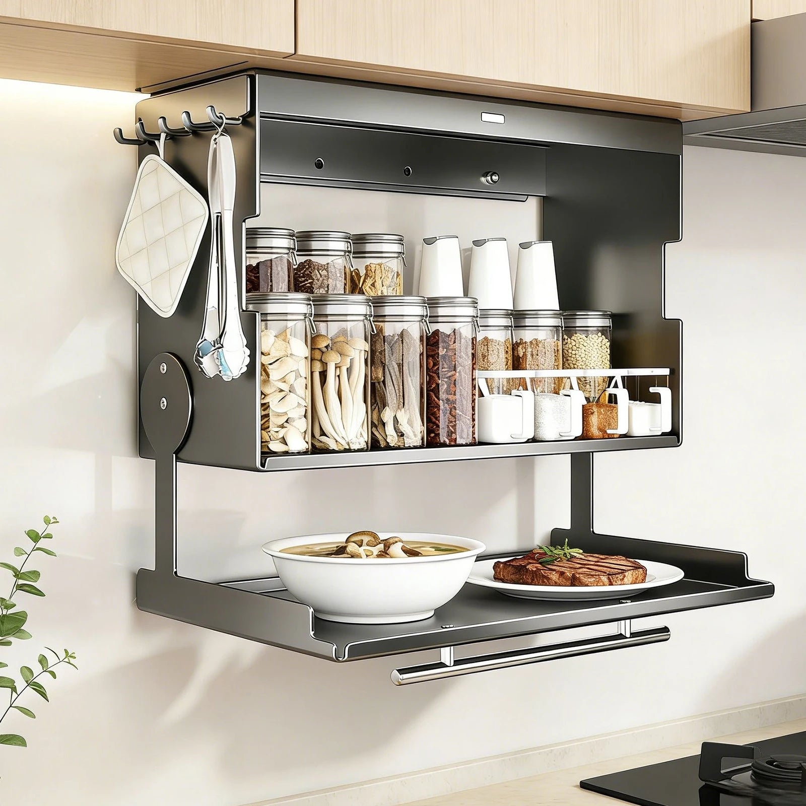 Porta Spezie Girevole da Parete Estraibile in Acciaio Inox con Ganci per Organizzazione Cucina e Bagno