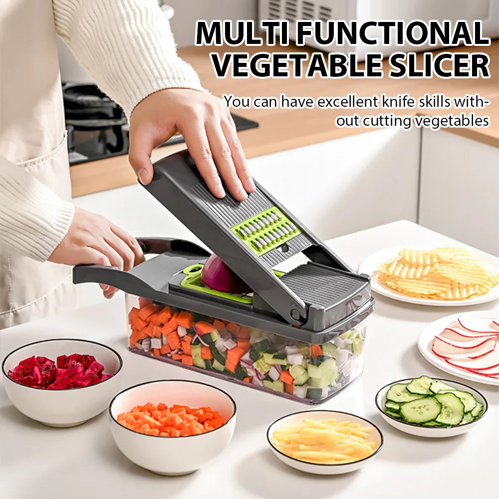 16-in-1 Multifunktionaler Gemüseschneider Manueller Nahrungsmittelzerkleinerer Eiertrenner Sparschäler Gemüseschneider Dicer Küchenschneider