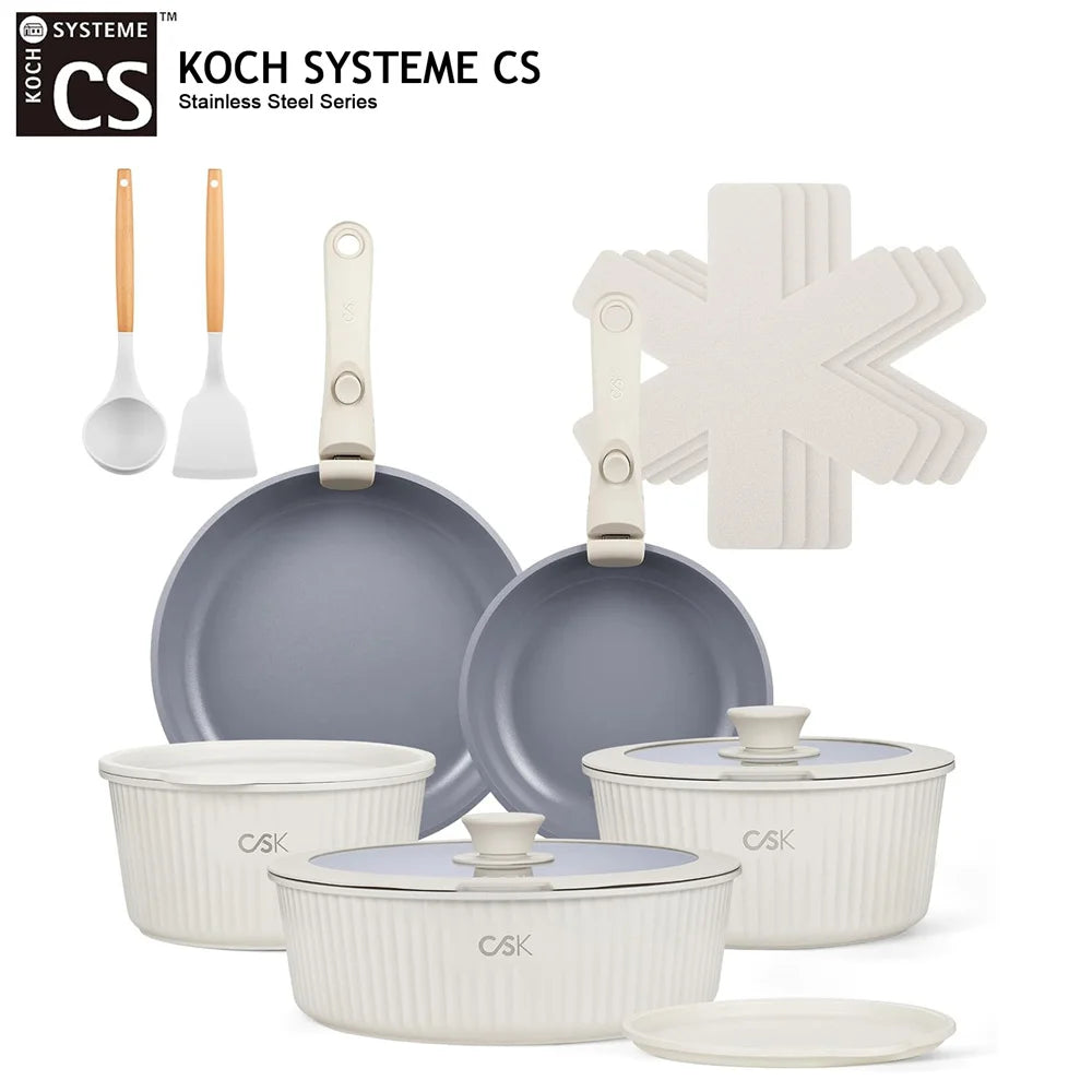 KOCH SYSTEME CS Set di pentole antiaderenti 17 pezzi Set di pentole e padelle con manico staccabile Pentole antiaderenti a induzione Pentola per salsa da cucina