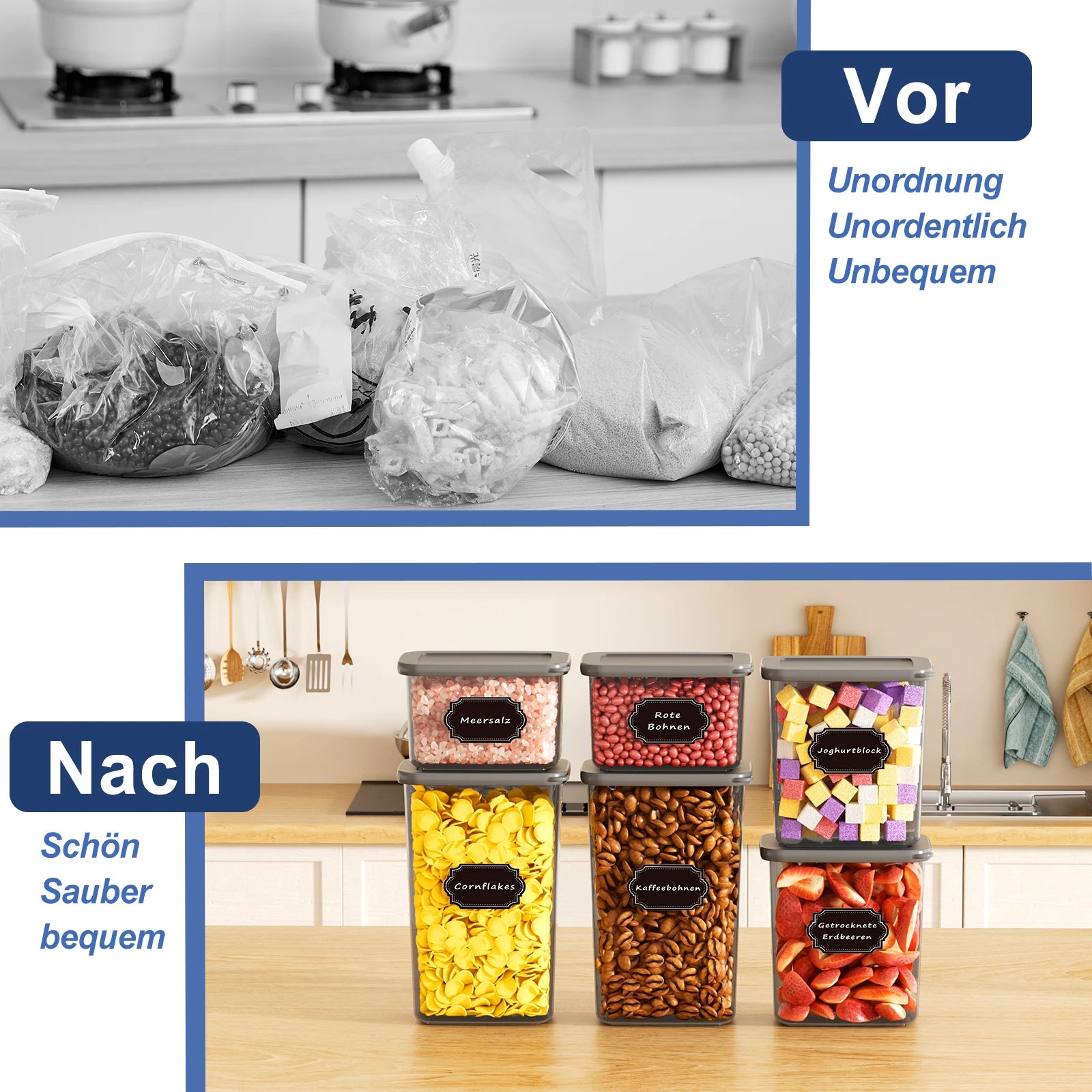 32-teiliges luftdichtes Lebensmittelbehälter-Set mit Deckeln, BPA-freie Kunststoff-Organizer für die Speisekammer, stapelbare Behälter für Müsli, Mehl, Nudeln, Getreide mit Etiketten und Marker