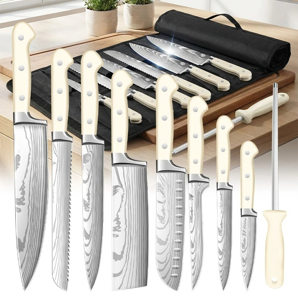 ZENG 8-teiliges Karbonstahl-Messerset, ergonomischer geschwungener weißer Griff, spülmaschinenfest, Mehrzweck-Set für Küche und Geschenke