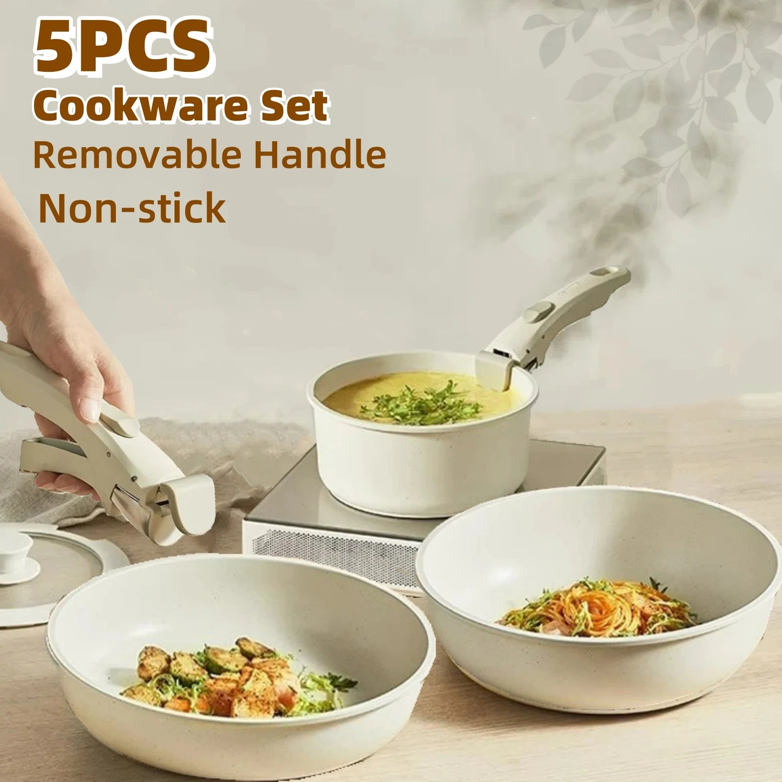 Set di pentole in granito antiaderenti da 5 pezzi con manico rimovibile Set di pentole da cucina per esterni Kit fornello da campeggio per camper a induzione con coperchio