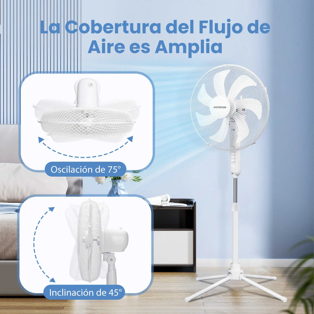 Aigostar Erika – Standventilator, 7 Flügel, 41 cm Durchmesser, 50 W, leiser Ventilator mit 75° Oszillation, 3 Geschwindigkeiten, höhenverstellbar von 108–123 cm, weiß