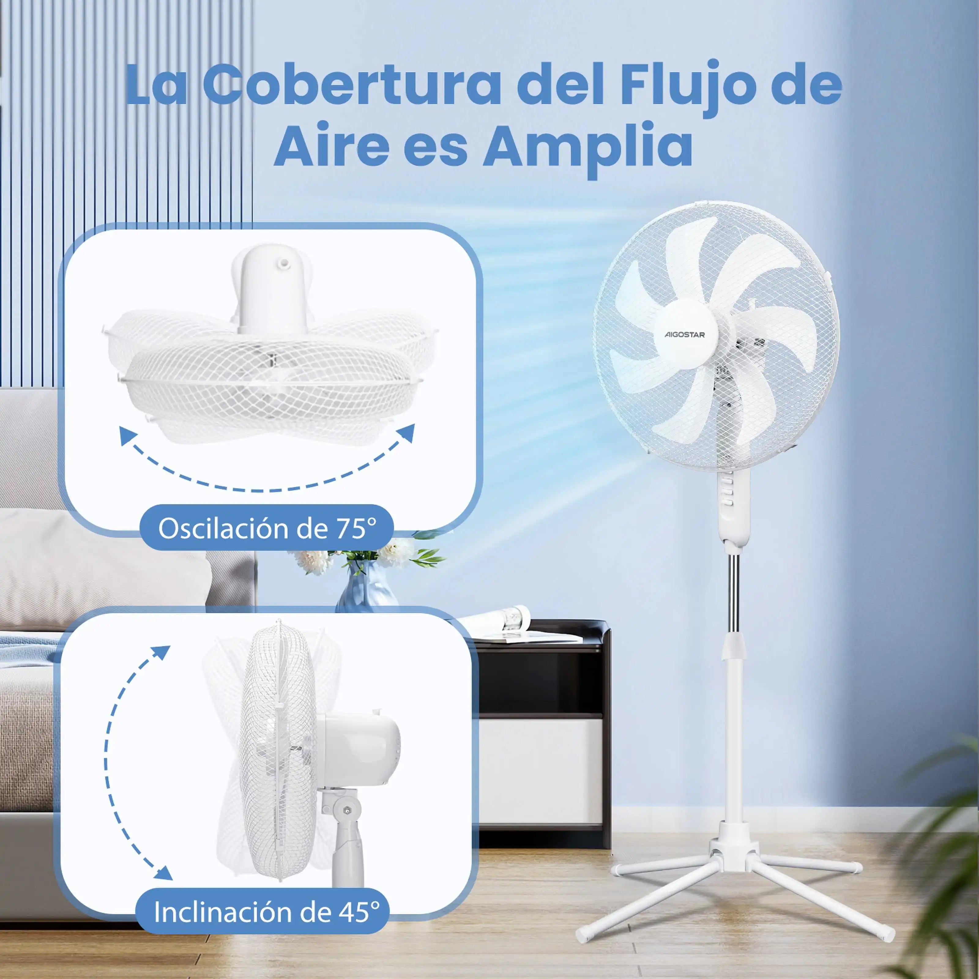 Aigostar Erika - Ventilatore a piantana, 7 pale, diametro di 41 cm, 50W, ventilatore silenzioso con oscillazione di 75°, 3 velocità, altezza regolabile da 108-123 cm, bianco
