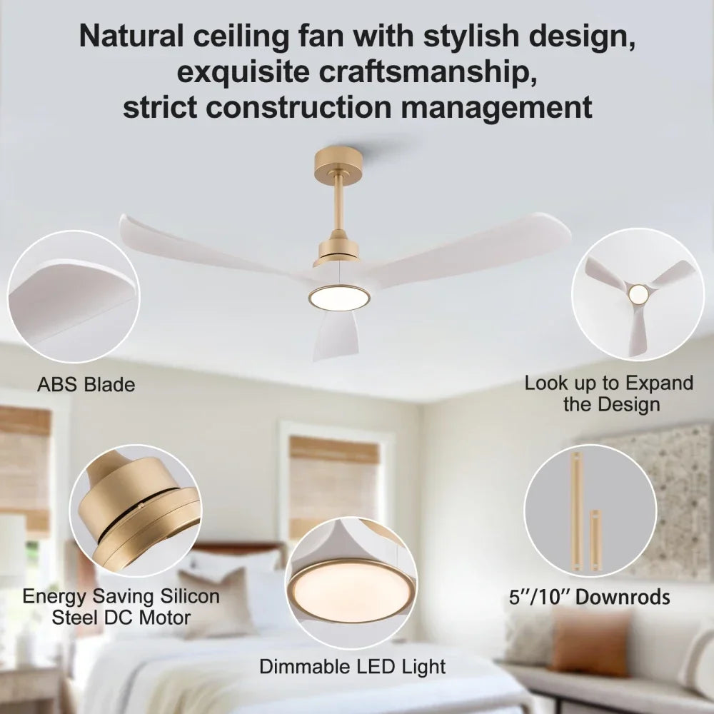 Ventilatore da soffitto bianco-oro da 52 pollici con luce e telecomando, funzione di memoria, motore DC silenzioso e reversibile, 3 pale in ABS, moderno ventilatore da soffitto per interni ed esterni con luce per camera da le