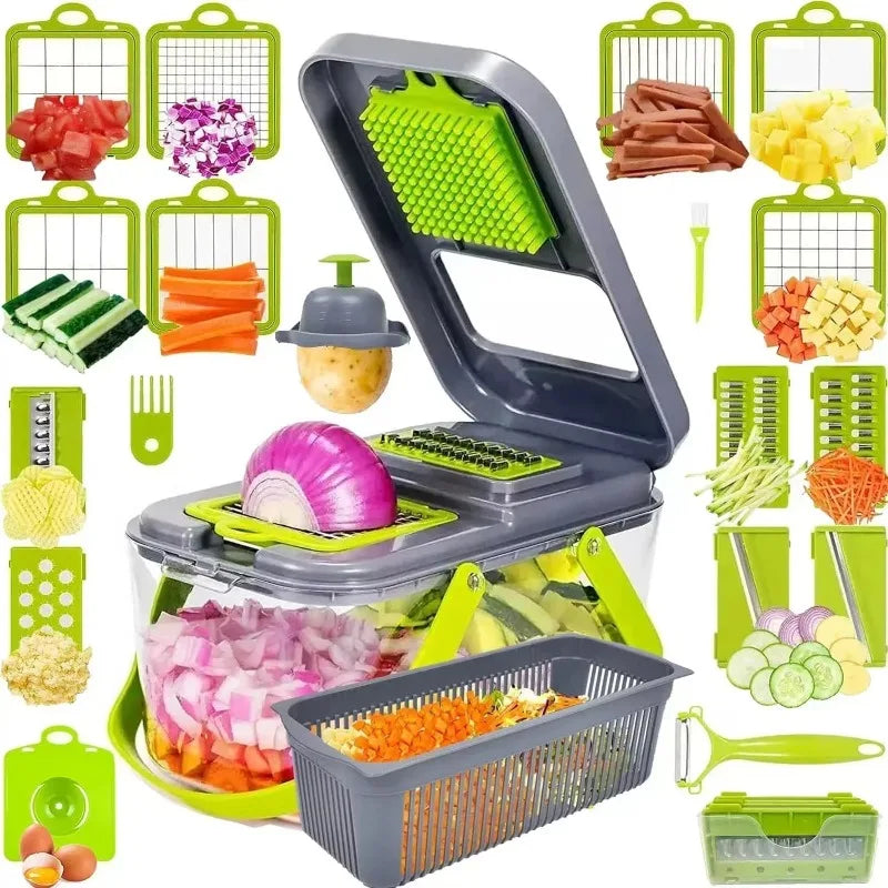 22-in-1 Multifunktions-Gemüseschneider, Mandoline, Gemüseschneider, Zwiebelhacker, Küchenreibe mit Abtropfkorb und Behälter, Küchenzubehör