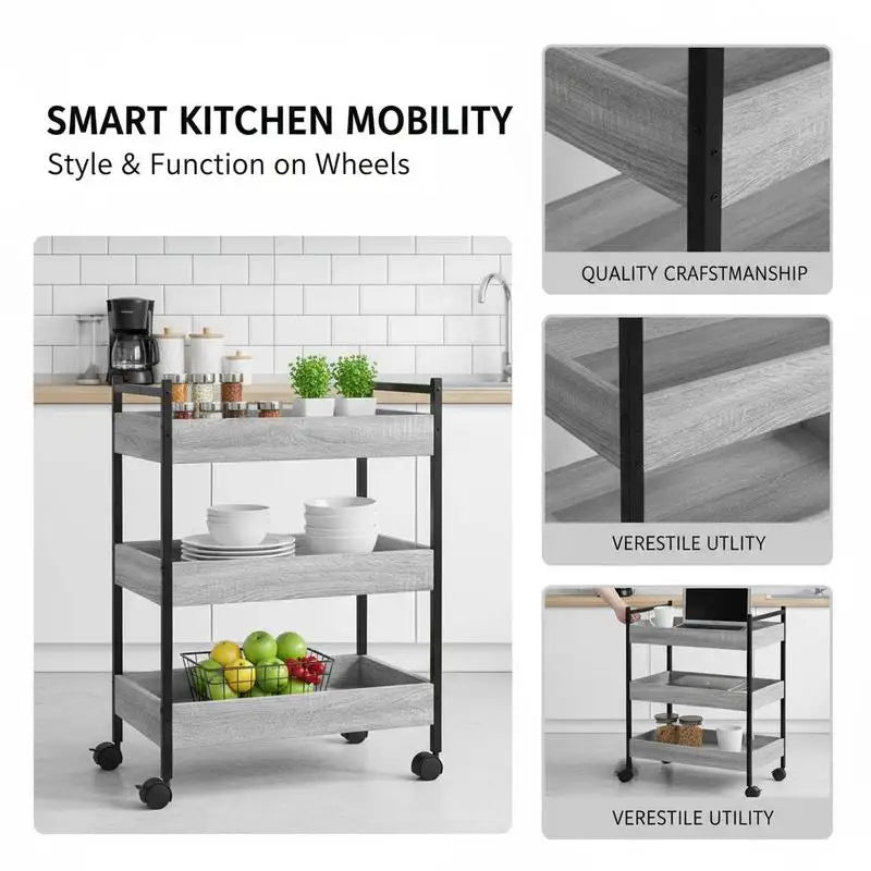 Carrello da Cucina a 3 Ripiani, Grigio Sonoma, 50x30x70 Cm, Materiale in Legno, Stile Nordico Minimalista, Struttura Solida e Stabile, Design con Scomparti, Salvaspazio, Facile Montaggio, Utilizzo in Cucina, Soggiorno, Camera