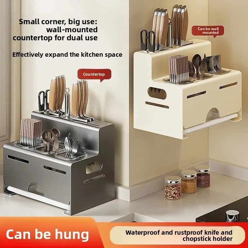 Porta Utensili da Cucina Multifunzionale con Porta Bacchette Integrato, Organizzatore da Parete Senza Foratura per Coltelli e Utensili