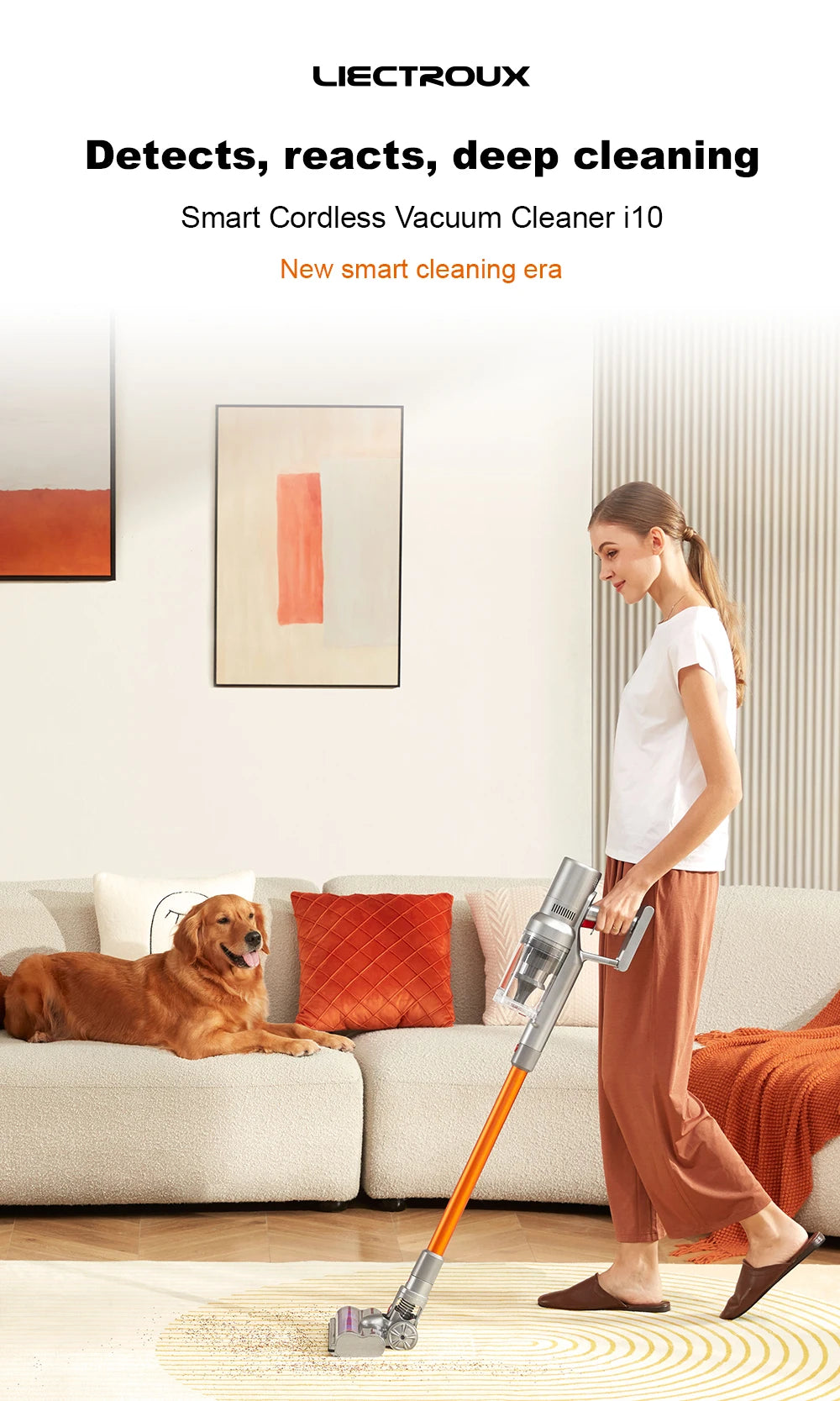 Liectroux i10 kabelloser Handstaubsauger, intelligente Stauberkennung, 250W BLDC, 27Kpa Saugkraft, Farb-Touchscreen, abnehmbarer Akku, 45 Minuten Laufzeit, leichter Stabstaubsauger für Teppiche
