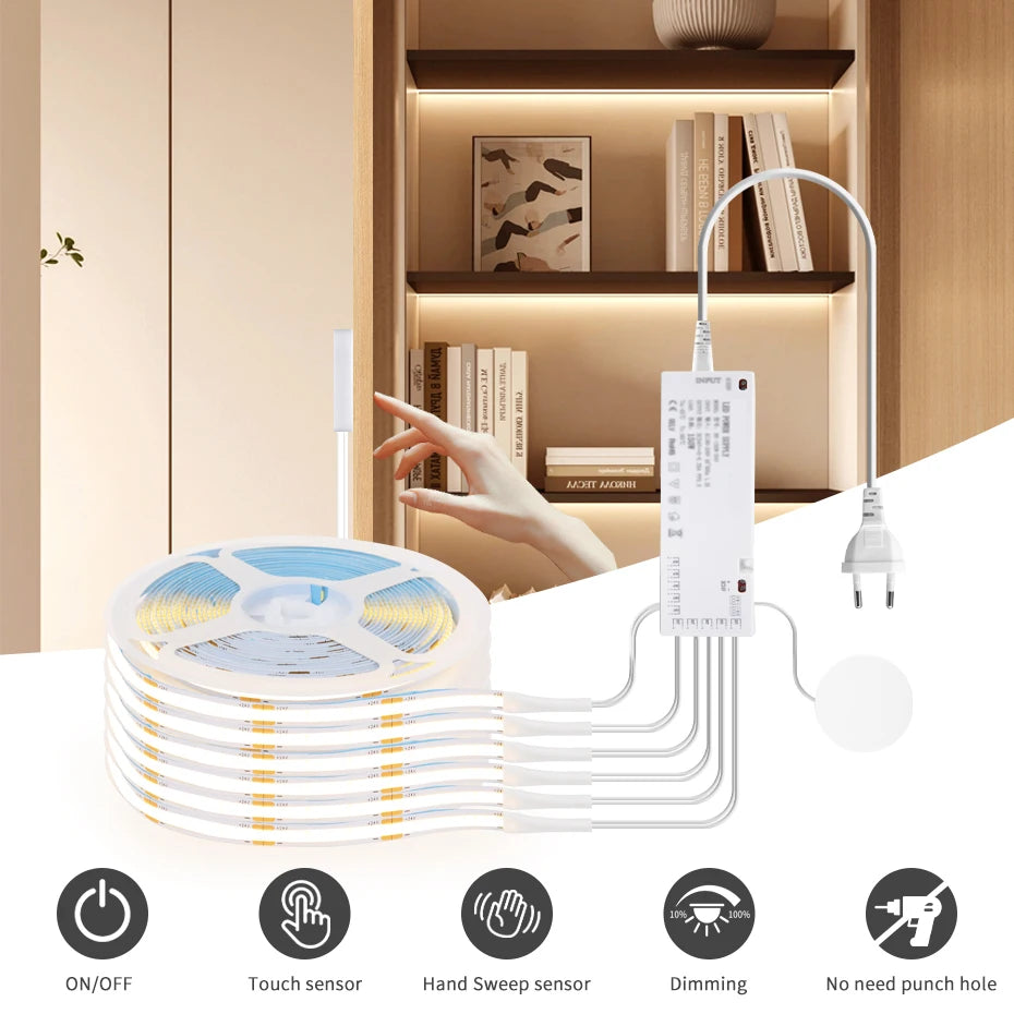Striscia LED COB 12V 320LED/m dimmerabile con tocco in legno penetrabile e sensore di movimento per cucina/guarda-roupa/vetrina/arredamento dell'armadio