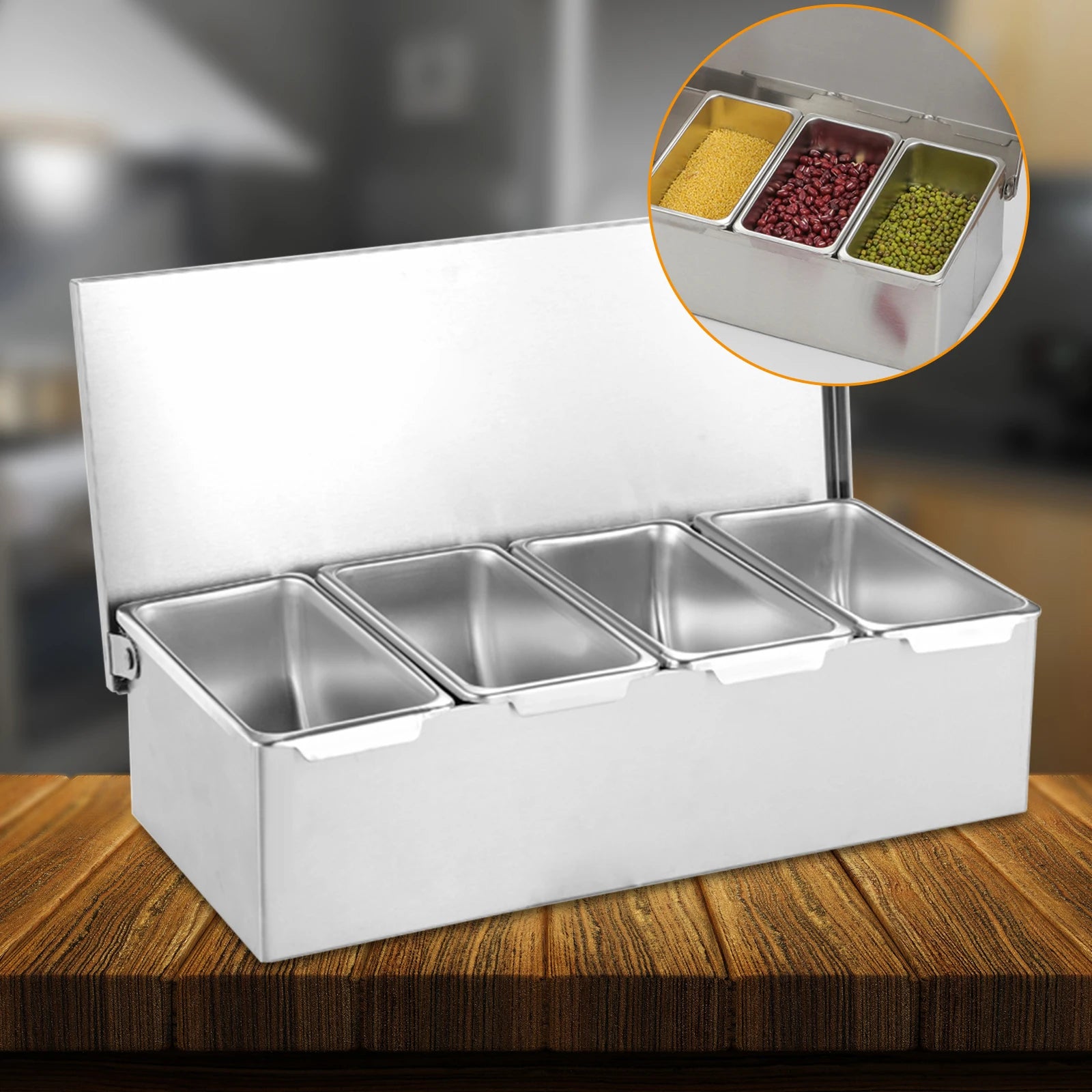 Silver Stainless Steel Fruit Box with 4 Compartments Household Fruit Storage Box Seasoning Box for Kitchens Restaurants Bars