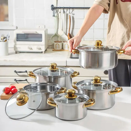 Set di pentole in acciaio inossidabile da 10 pezzi, pentole a induzione, utensili da cucina antiaderenti, casseruola in acciaio inossidabile con coperchio