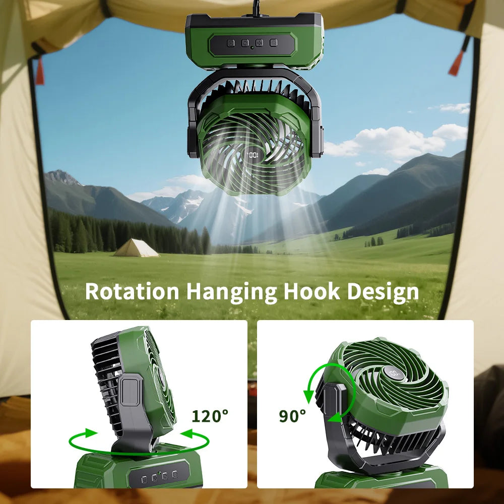 Ventilatore Portatile Ricaricabile, Ventilatore Senza Fili a Batteria da 15000mAh con Lanterna LED, Alimentato tramite USB C per Viaggi, Camera da Letto, Casa, Campeggio, Tenda, Ufficio, Spiaggia, Scrivania, Pesca, Tavolo