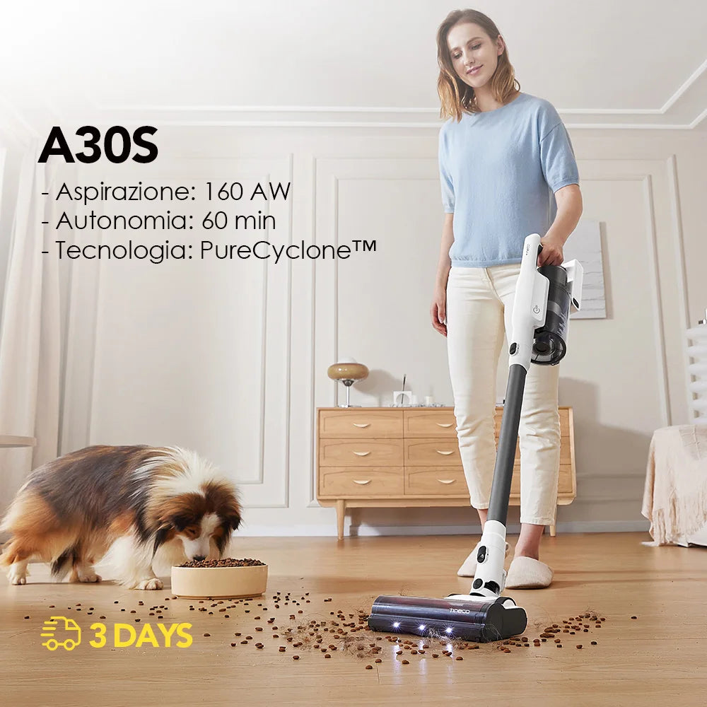 Tineco A30S, Akku-Staubsauger, 160 W Saugleistung, 60 Minuten Laufzeit, 1 L Staubbehälter, ZeroTangle-Bürste, PureCyclone-Technologie, LED-Licht