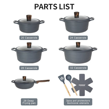 Donnor Set di pentole da 15 pezzi Serie Wave Set di pentole antiaderenti Casseruola con rivestimento in granito Utensili da cucina senza fumo