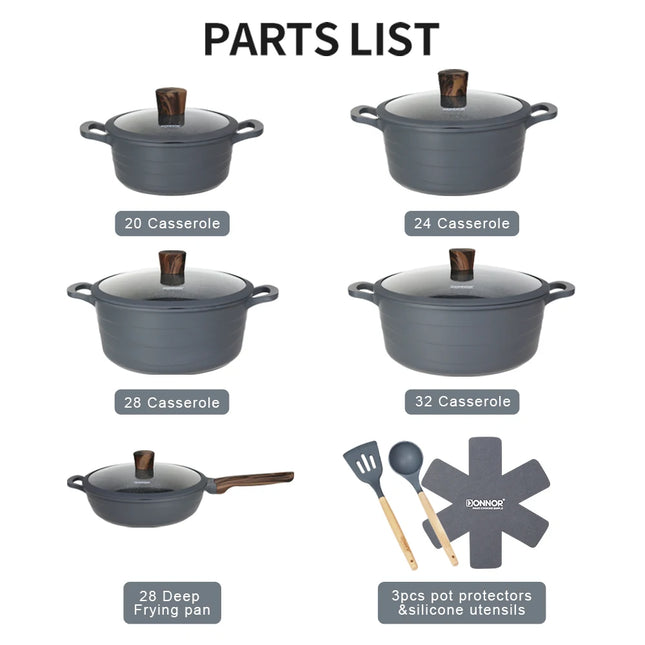 Donnor Set di pentole da 15 pezzi Serie Wave Set di pentole antiaderenti Casseruola con rivestimento in granito Utensili da cucina senza fumo